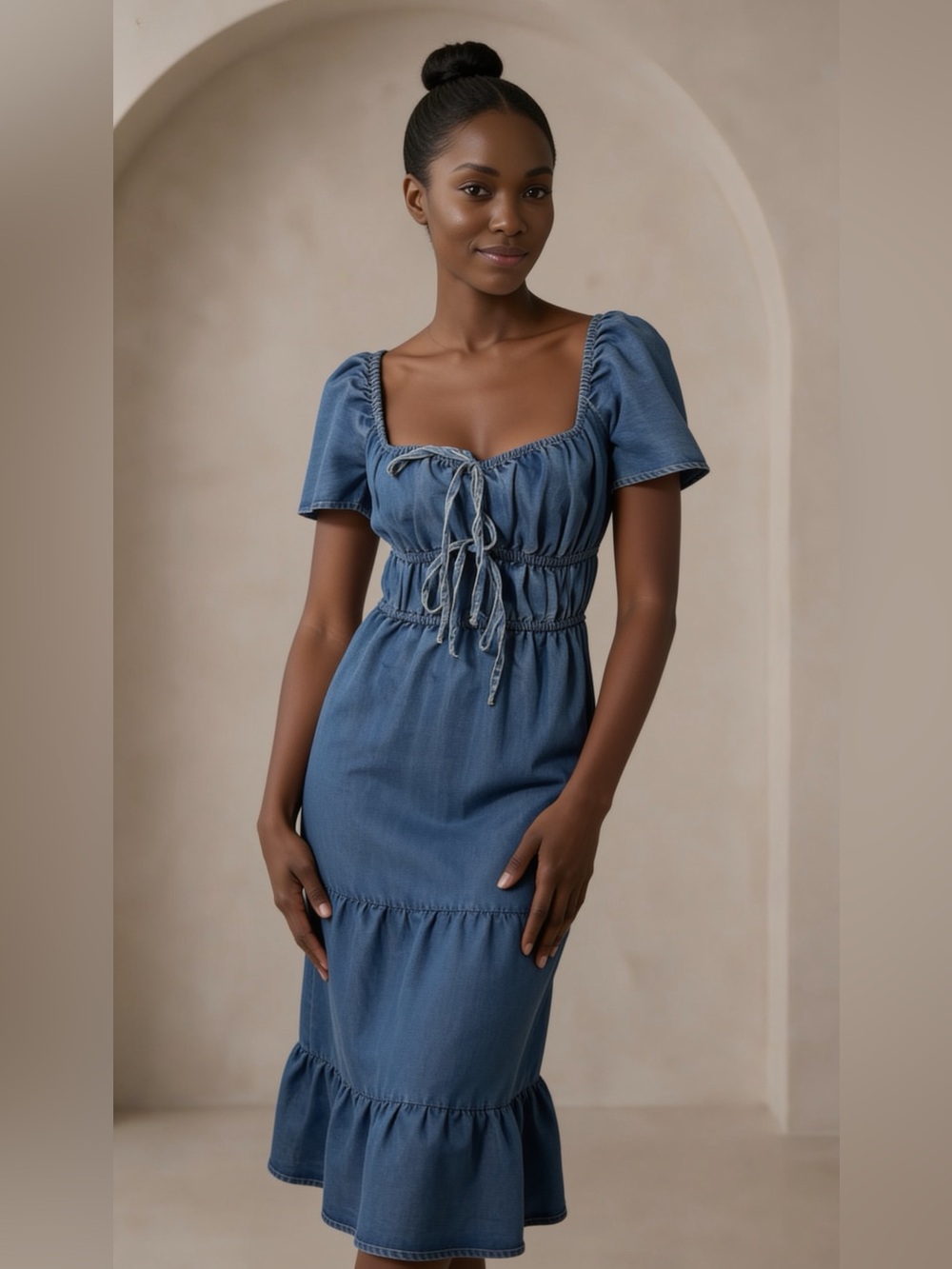 Smocked Tie-Front Blue Denim Midi Dress